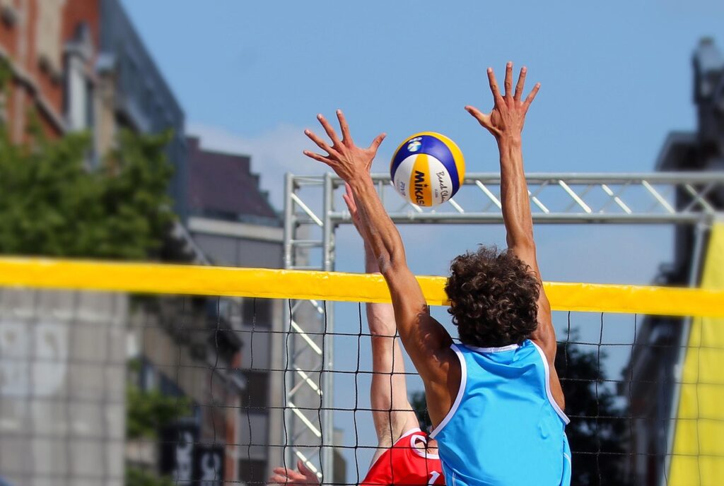 beach volleyball, block, player, ball, volleyball net, attack, nature, sport, volleyball, ball sports, beach, playing field, play, competition, tournament, sporty, athlete, jump